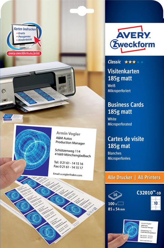 AVERY ZWECKFORM Prof. Visitenkarten Univer. A4 C32010-10 185g matt 10 Blatt Idealshop