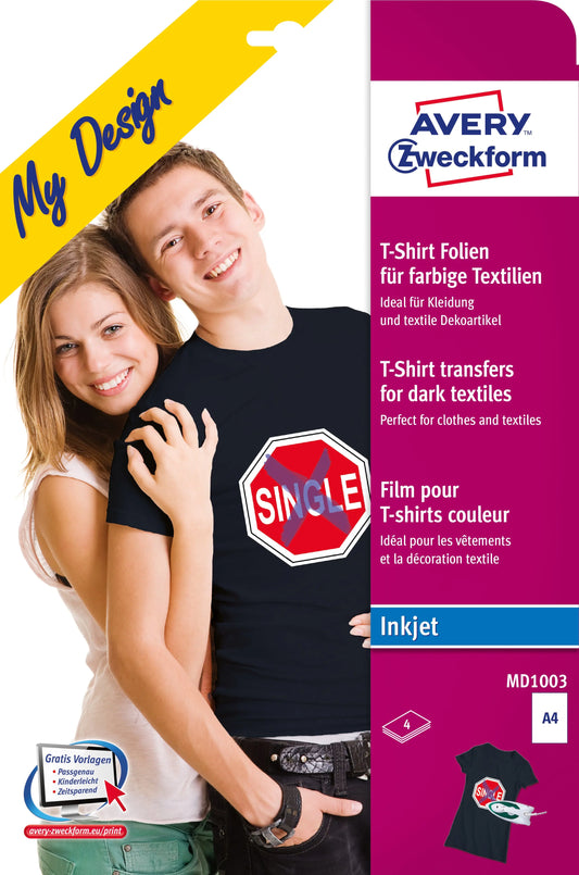 AVERY ZWECKFORM Textilfolie Iron-on A4 MD1003 Inkjet farbige Textil. 4 Stk. Idealshop