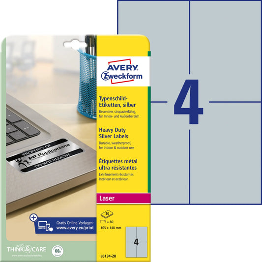 AVERY ZWECKFORM Typenschild Label 105x148mm L613420 silber 80 Stück/20 Blatt Idealshop