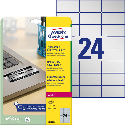 AVERY ZWECKFORM Typenschild Label 70x37mm L613320 silber 480 Stück/20 Blat Idealshop