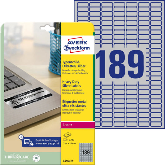 AVERY ZWECKFORM Typenschild-Labels 25,4x10mm L6008-20 silber, Laser 3780 St./20 Bl. Idealshop
