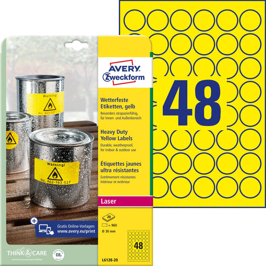 AVERY ZWECKFORM Typenschild Labels 30mm L612820 gelb, rund 960 Stück/20 Blatt Idealshop