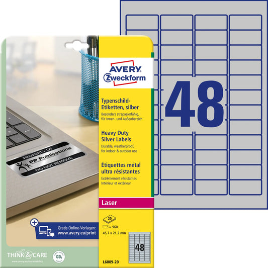 AVERY ZWECKFORM Typenschild-Labels 45,7x21,2mm L6009-20 silber, Laser 960 St./20 Blatt Idealshop