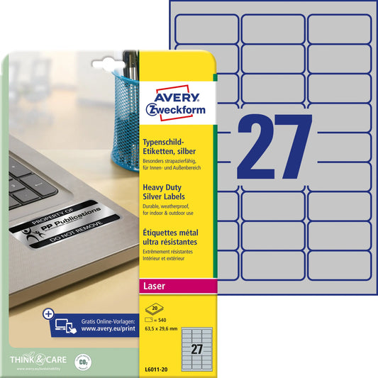 AVERY ZWECKFORM Typenschild-Labels 63,5x29,6mm L6011-20 silber 540Stk./20Bl. Idealshop
