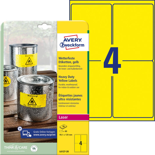 AVERY ZWECKFORM Typenschild Labels 99,1x139mm L612720 gelb 80 Stück/20 Blatt Idealshop