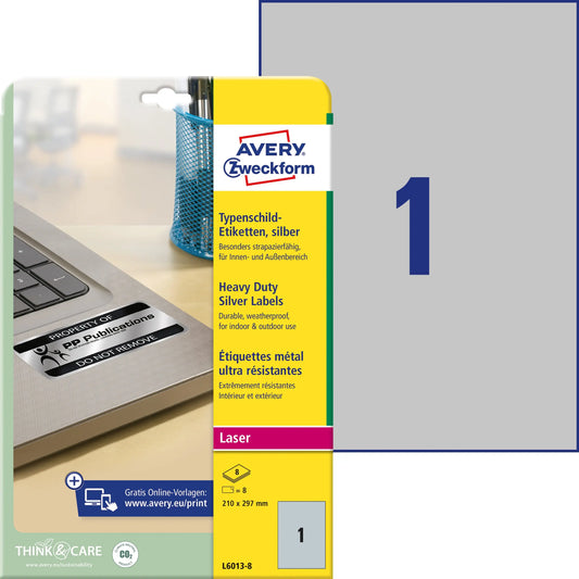AVERY ZWECKFORM Typenschild-Labelst. 210x297mm L6013-8 silber 8 Stück/8 Blatt Idealshop