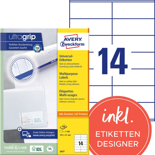 AVERY ZWECKFORM Universal-Etikett. 105x41mm 3477 weiss 1400 Stk./100 Blatt Idealshop