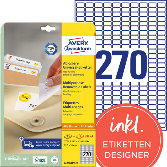 AVERY ZWECKFORM Universal-Etikett. 17,8x10mm L4730REV-25 weiss 8100 Stk./25 + 5 Blatt Idealshop