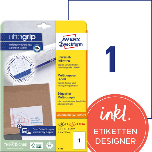 AVERY ZWECKFORM Universal-Etikett. 210x297mm 6119 weiss 30 Stk./25 + 5 Blatt Idealshop