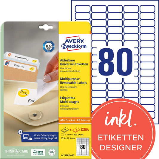 AVERY ZWECKFORM Universal-Etikett. 35.6x16.9mm L4732REV-25 weiss 2400 Stk./25 + 5 Blatt Idealshop
