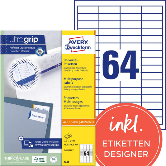 AVERY ZWECKFORM Universal-Etikett. 48.5x16.9mm 3667 weiss 6400 Stk./100 Blatt Idealshop