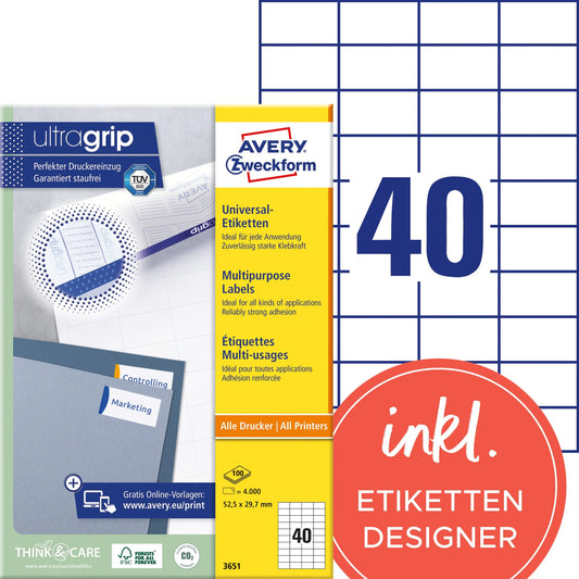 AVERY ZWECKFORM Universal-Etikett. 52,5x29,7mm 3651 weiss 4000 Stk./100 Blatt Idealshop