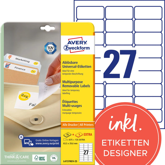 AVERY ZWECKFORM Universal-Etikett. 63.5x29.6mm L4737REV-25 weiss 810 Stk./25 + 5 Blatt Idealshop
