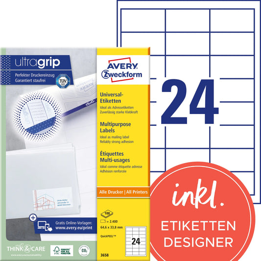 AVERY ZWECKFORM Universal-Etikett. 64.6x33.8mm 3658 weiss 2400 Stk./100 Blatt Idealshop