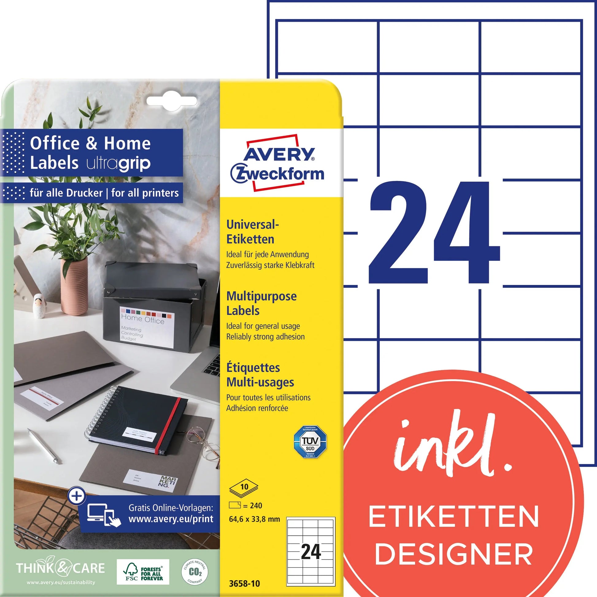 AVERY ZWECKFORM Universal-Etikett. 64,6x33,8mm 3658-10 weiss 240 Stk./10 Blatt Idealshop