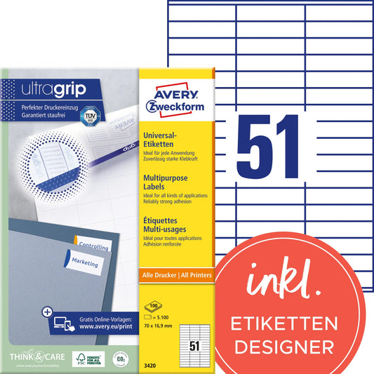AVERY ZWECKFORM Universal-Etikett. 70x16,9mm 3420 weiss 5100 Stk./100 Blatt Idealshop