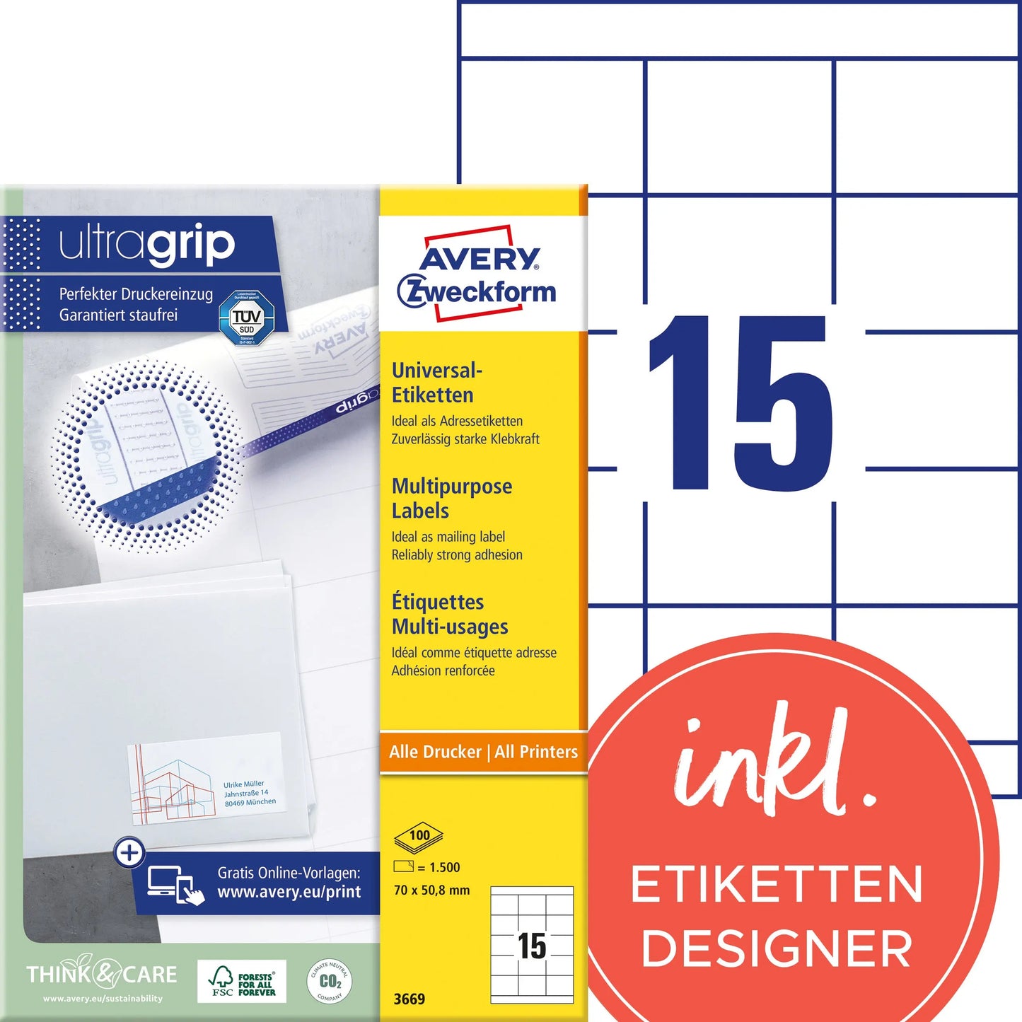 AVERY ZWECKFORM Universal-Etikett. 70x50,8mm 3669 weiss 1500 Stk./100 Blatt Idealshop