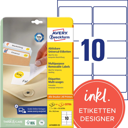 AVERY ZWECKFORM Universal-Etikett. 96x50,8mm L4744REV-25 weiss 300 Stk./25 + 5 Blatt Idealshop