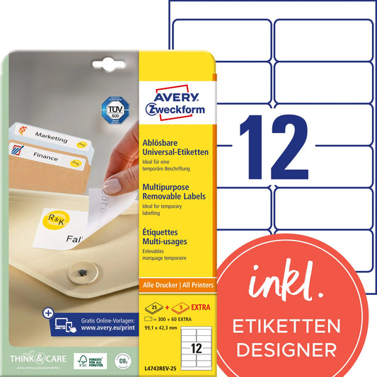 AVERY ZWECKFORM Universal-Etikett. 99,1x42,3mm L4743REV-25 weiss 360 Stk./25 + 5 Blatt Idealshop
