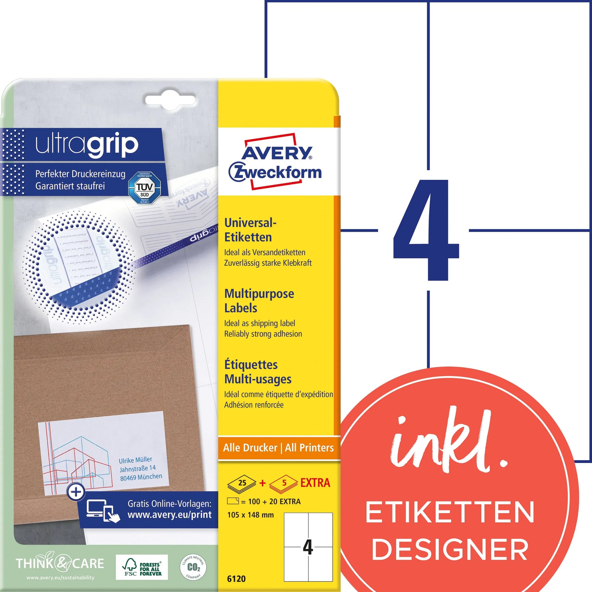 AVERY ZWECKFORM Universal-Etiketten 105x148mm 6120 weiss 120 Stk./25 + 5 Blatt Idealshop