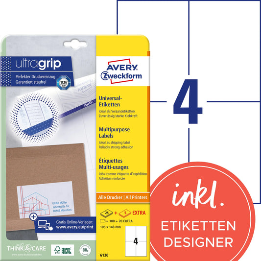 AVERY ZWECKFORM Universal-Etiketten 105x148mm 6120 weiss 120 Stk./25 + 5 Blatt Idealshop