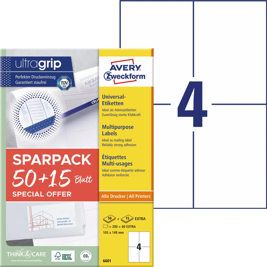 AVERY ZWECKFORM Universal-Etiketten 105x148mm 6601 weiss 260 Stk./65 Blatt Idealshop