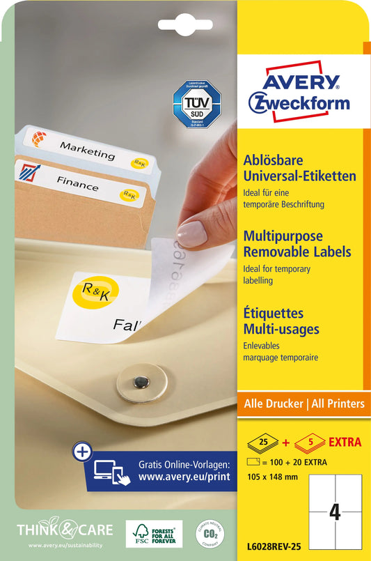 AVERY ZWECKFORM Universal-Etiketten 105x148mm L6028REV-25 weiss 30 Blatt Idealshop