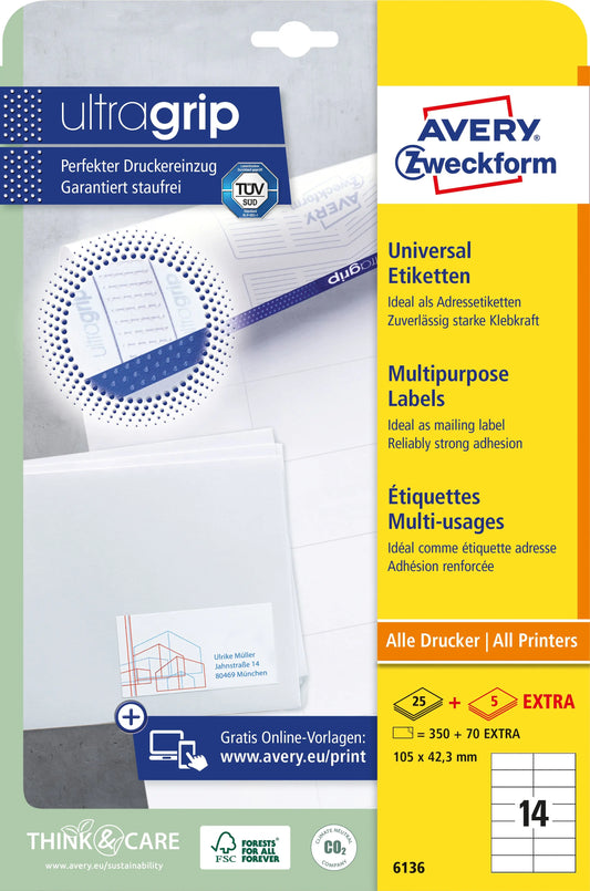 AVERY ZWECKFORM Universal-Etiketten 105x423mm 6136 weiss 30 Blatt Idealshop