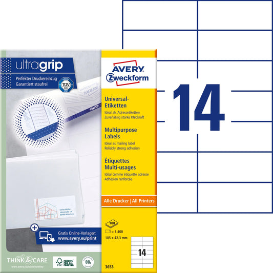 AVERY ZWECKFORM Universal-Etiketten 105x42,3mm 3653 weiss 1400 Stk./100 Blatt Idealshop
