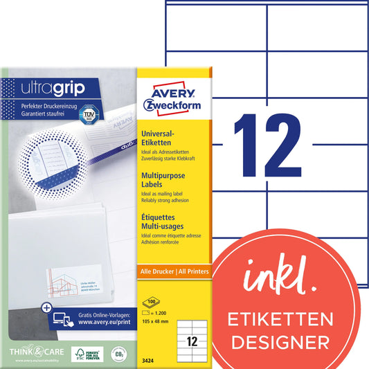 AVERY ZWECKFORM Universal-Etiketten 105x48mm 3424 weiss 1200 Stk./100 Blatt Idealshop