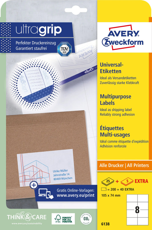 AVERY ZWECKFORM Universal-Etiketten 105x74mm 6138 weiss 30 Blatt Idealshop