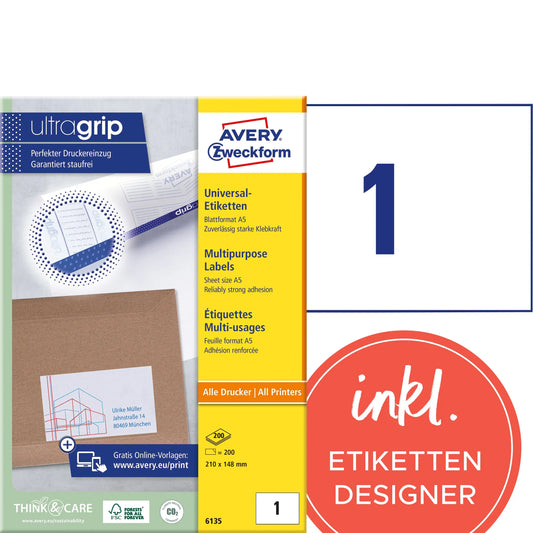 AVERY ZWECKFORM Universal Etiketten 210x148mm 6135 weiss 200 Stk./200 Blatt Idealshop