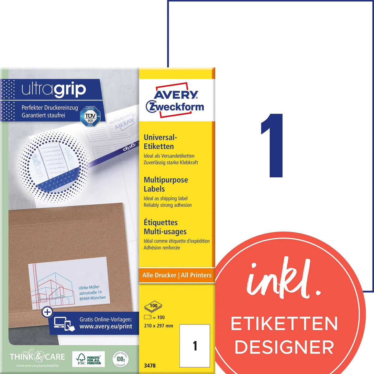 AVERY ZWECKFORM Universal-Etiketten 210x297mm 3478 weiss 100 Stk./100 Blatt Idealshop