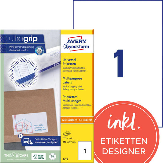 AVERY ZWECKFORM Universal-Etiketten 210x297mm 3478 weiss 100 Stk./100 Blatt Idealshop