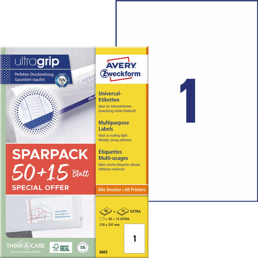 AVERY ZWECKFORM Universal-Etiketten 210x297mm 6603 weiss 65 Stk./65 Blatt Idealshop
