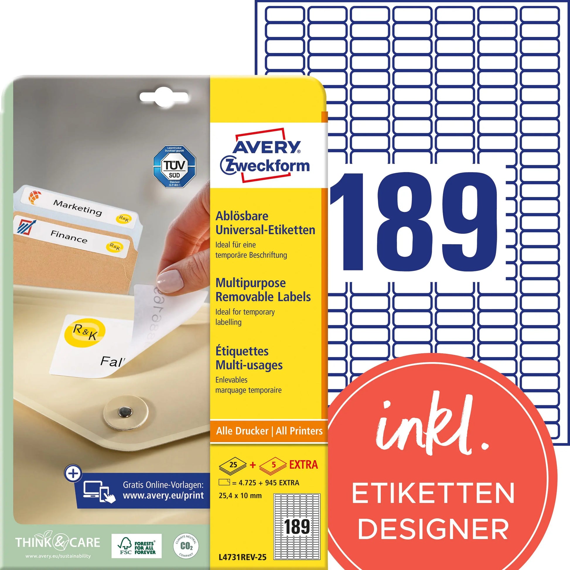 AVERY ZWECKFORM Universal-Etiketten 25.4x10mm L4731REV-25 weiss 5670 Stk./25 + 5 Blatt Idealshop