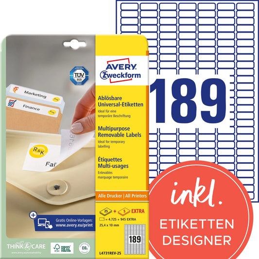 AVERY ZWECKFORM Universal-Etiketten 25.4x10mm L4731REV-25 weiss 5670 Stk./25 + 5 Blatt Idealshop