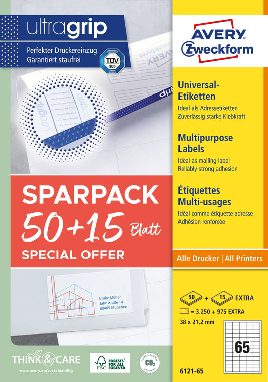 AVERY ZWECKFORM Universal-Etiketten 38x212mm 6121-65 weiss 50+15 Blatt Idealshop
