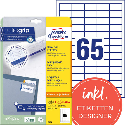 AVERY ZWECKFORM Universal-Etiketten 38x21,2mm 6121 weiss 1950 Stk./25 + 5 Blatt Idealshop
