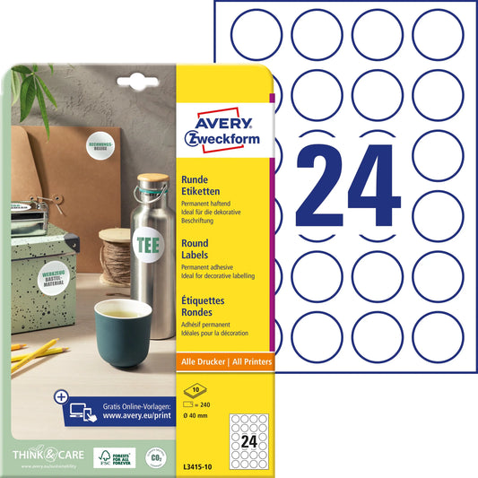 AVERY ZWECKFORM Universal-Etiketten 40mm L3415-10 L3415-10 weiss 240 St./10 Bl. Idealshop