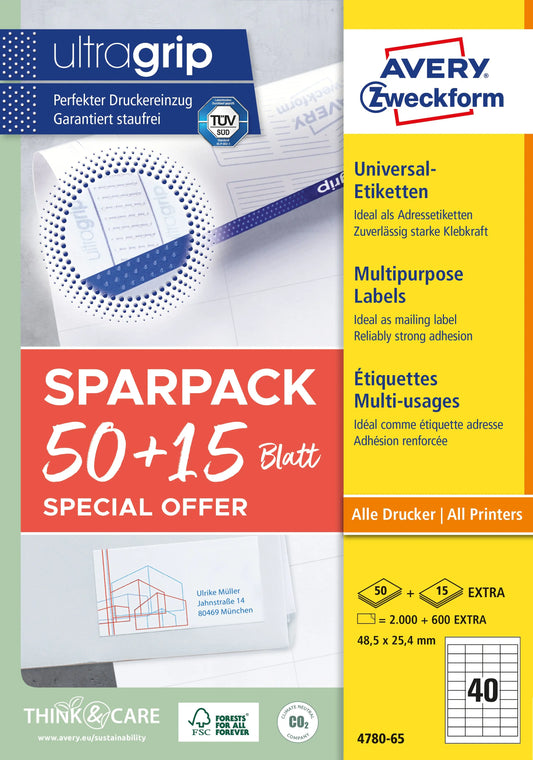 AVERY ZWECKFORM Universal-Etiketten 485x254mm 4780-65 weiss 50+15 Blatt Idealshop