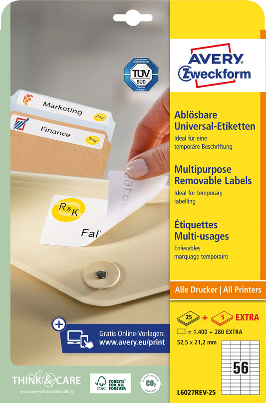 AVERY ZWECKFORM Universal-Etiketten 525x212mm L6027REV-25 weiss 30 Blatt Idealshop