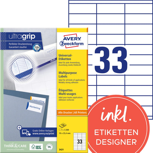 AVERY ZWECKFORM Universal-Etiketten 70x25,4mm 3421 weiss 3300 Stk./100 Blatt Idealshop