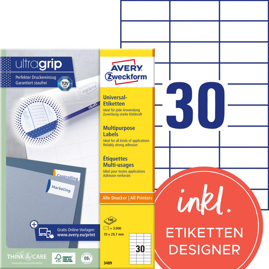 AVERY ZWECKFORM Universal-Etiketten 70x29.7mm 3489 weiss 3000 Stk./100 Blatt Idealshop