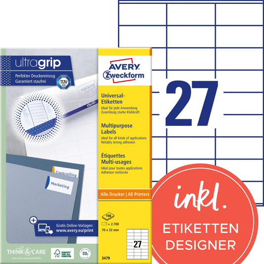 AVERY ZWECKFORM Universal-Etiketten 70x32mm 3479 weiss 2700 Stk./100 Blatt Idealshop