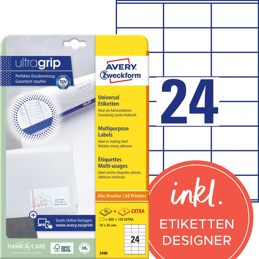 AVERY ZWECKFORM Universal-Etiketten 70x36mm 3490 weiss 720 Stk./25 + 5 Blatt Idealshop