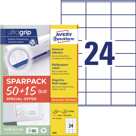 AVERY ZWECKFORM Universal-Etiketten 70x36mm 6602 weiss 1560 Stk./65 Blatt Idealshop