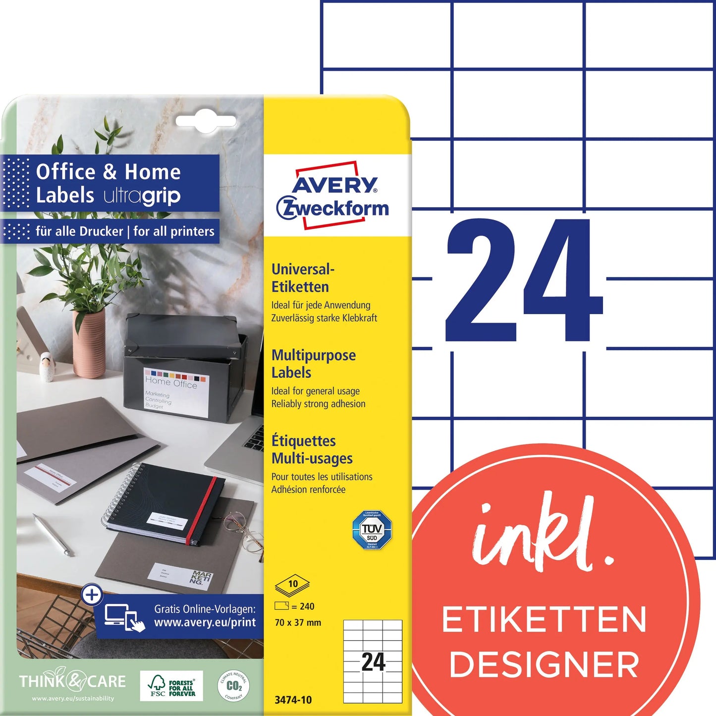 AVERY ZWECKFORM Universal-Etiketten 70x37mm 3474-10 weiss 240 Stk./10 Blatt Idealshop