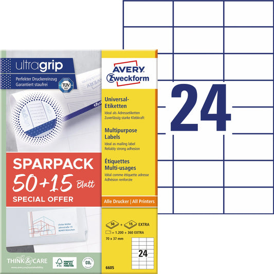 AVERY ZWECKFORM Universal-Etiketten 70x37mm 6605 weiss 156 Stk./65 Blatt Idealshop