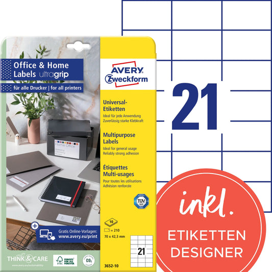 AVERY ZWECKFORM Universal-Etiketten 70x42,3mm 3652-10 weiss 210 Stk./10 Blatt Idealshop